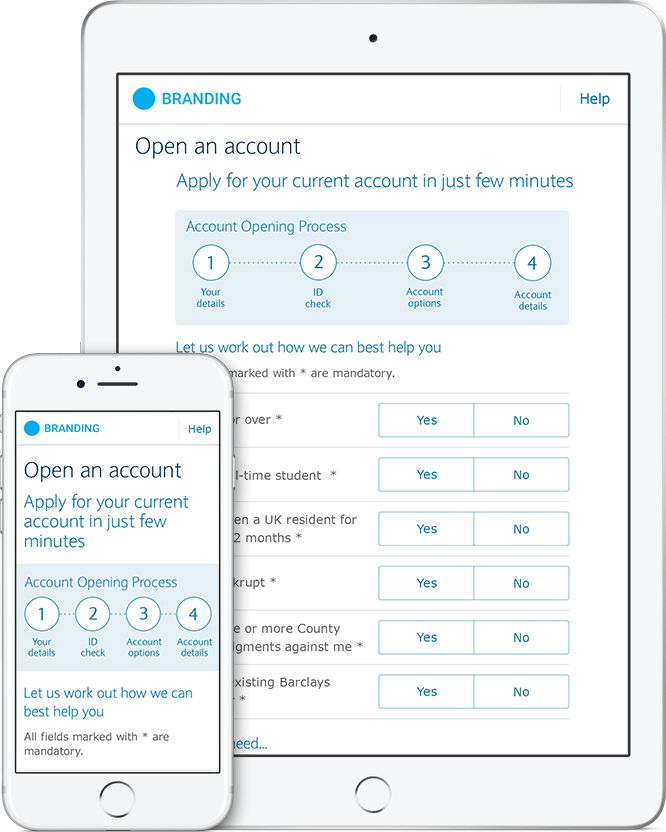 Sample Welcome Screens to Open a Bank Account on a mobile and tablet device